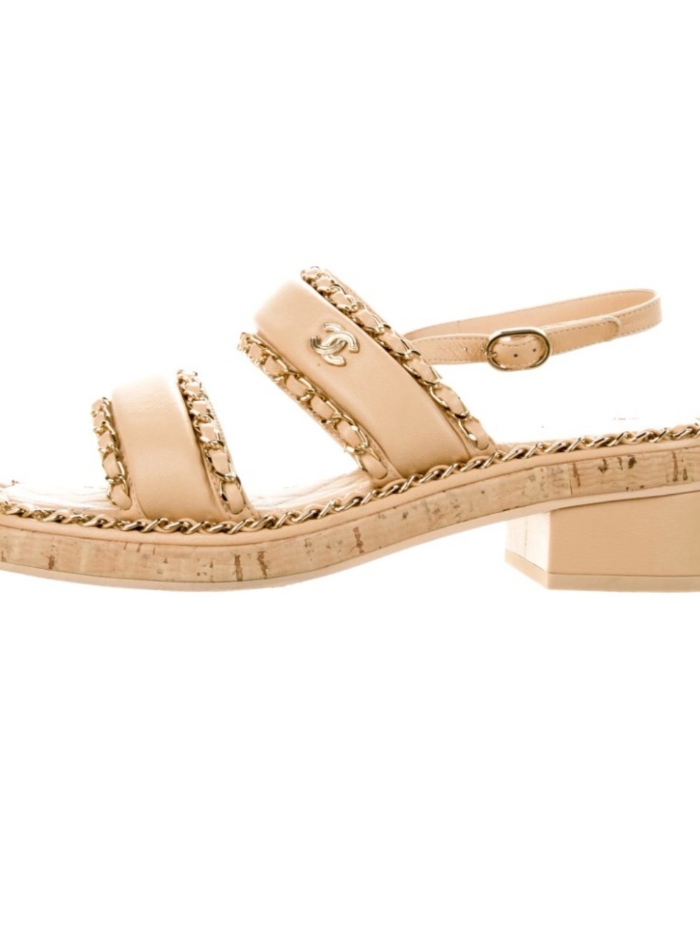 CHANEL Beige Leather Chain-Trim Slingback Sandals with Gold CC (Authentic ⭐️)
